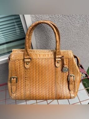 Brahmin Pocomo Collection Woven Leather Croc Embossed Satchel Handbag